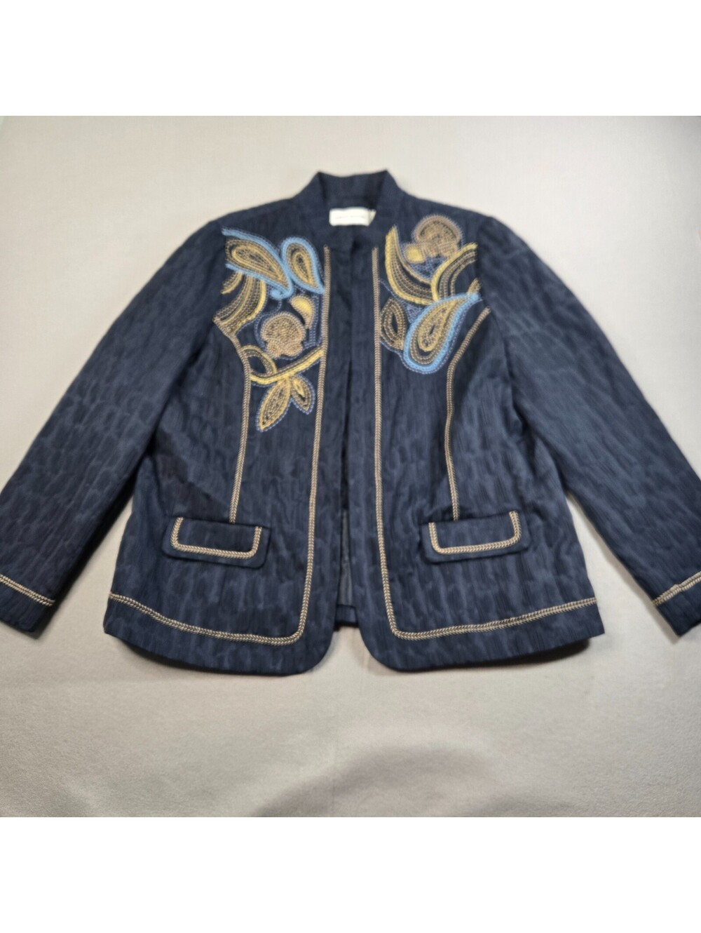 Alfred Dunner Lightweight Blazer Jacket 16 Blue Open Front Paisley Embroidered